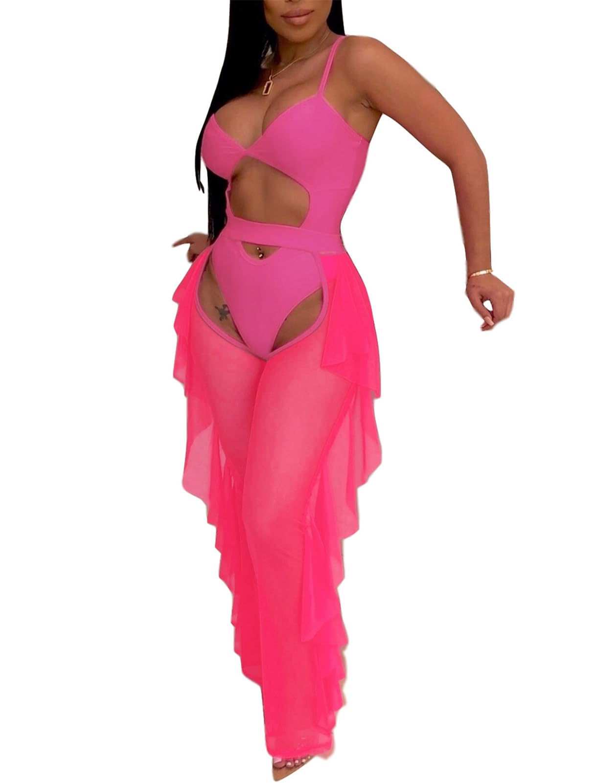 Two Piece Sling Crop Top Ruffle Long Pant