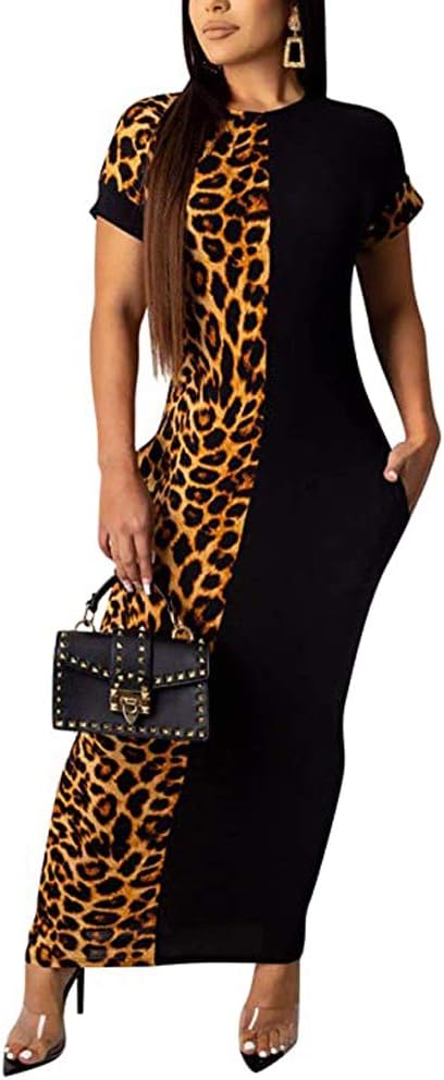 Leopard Patchwork Short Sleeve Bodycon Midi Dress