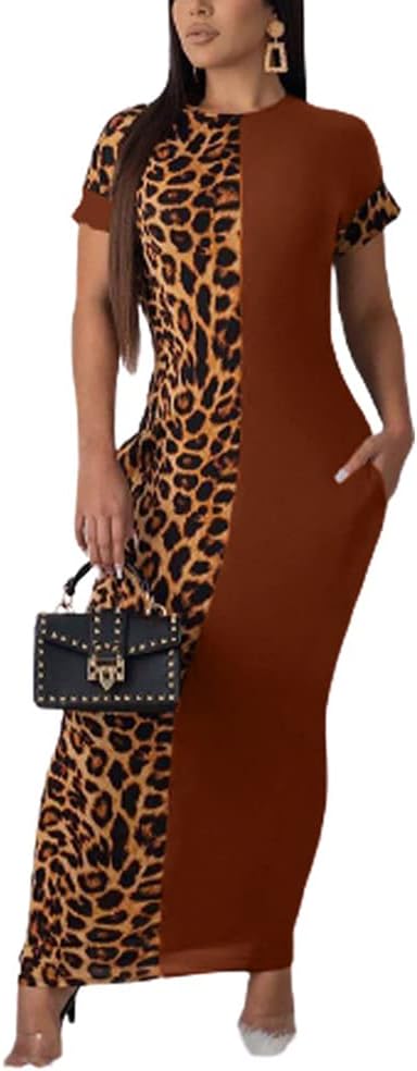 Leopard Patchwork Short Sleeve Bodycon Midi Dress