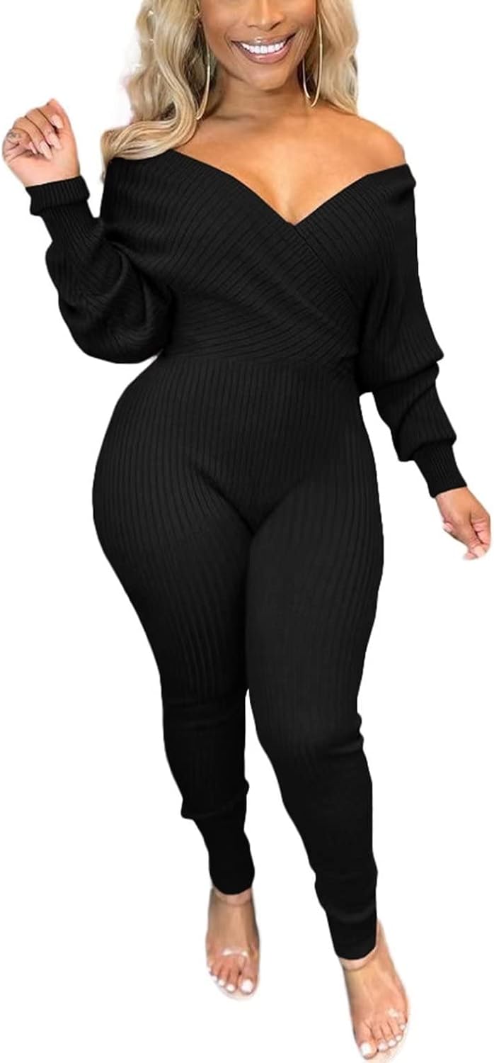 V Neck Long Sleeve Ribbed Jumpsuit