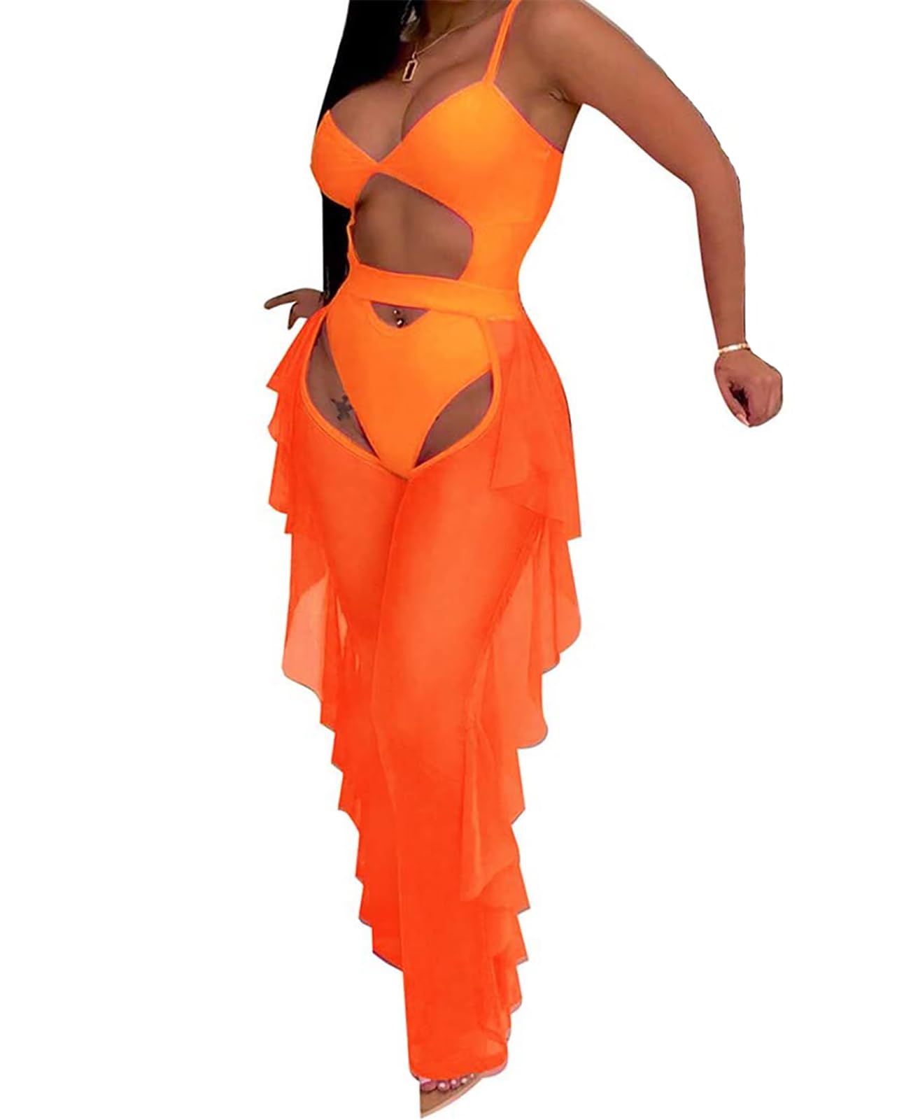 Two Piece Sling Crop Top Ruffle Long Pant