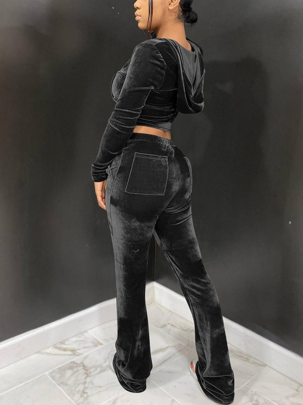 Velour Two Pieces Full Zipper Hooded Tracksuits with Pockets