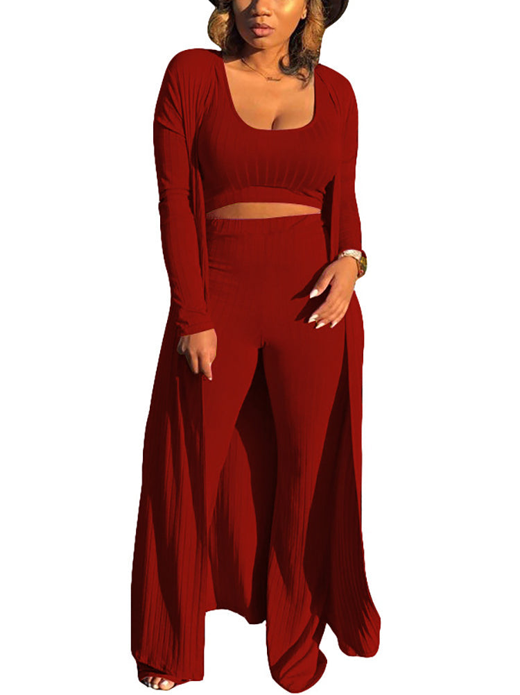 Three Pieces Set Crop Top Long Kimono Cardigan Pants