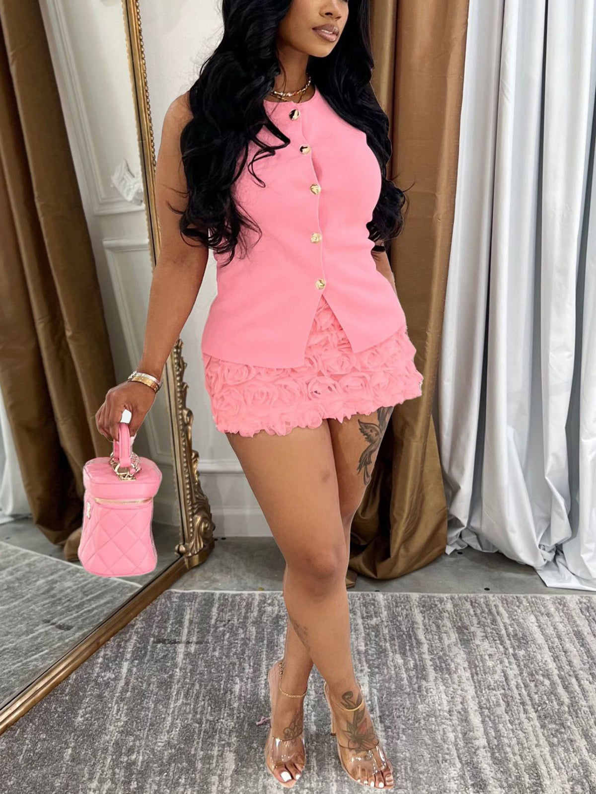 Sleeveless Button Top Floral Skirt Set