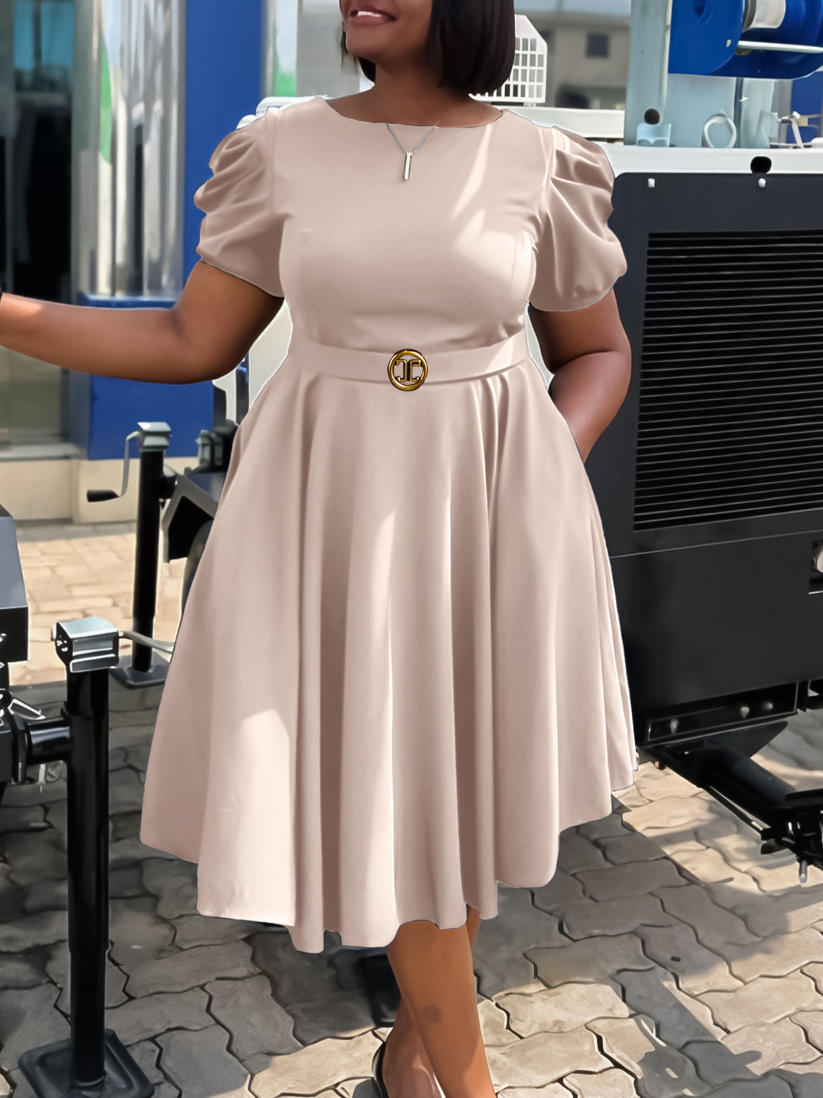 Puff Sleeve Belted A-Line Midi Dress