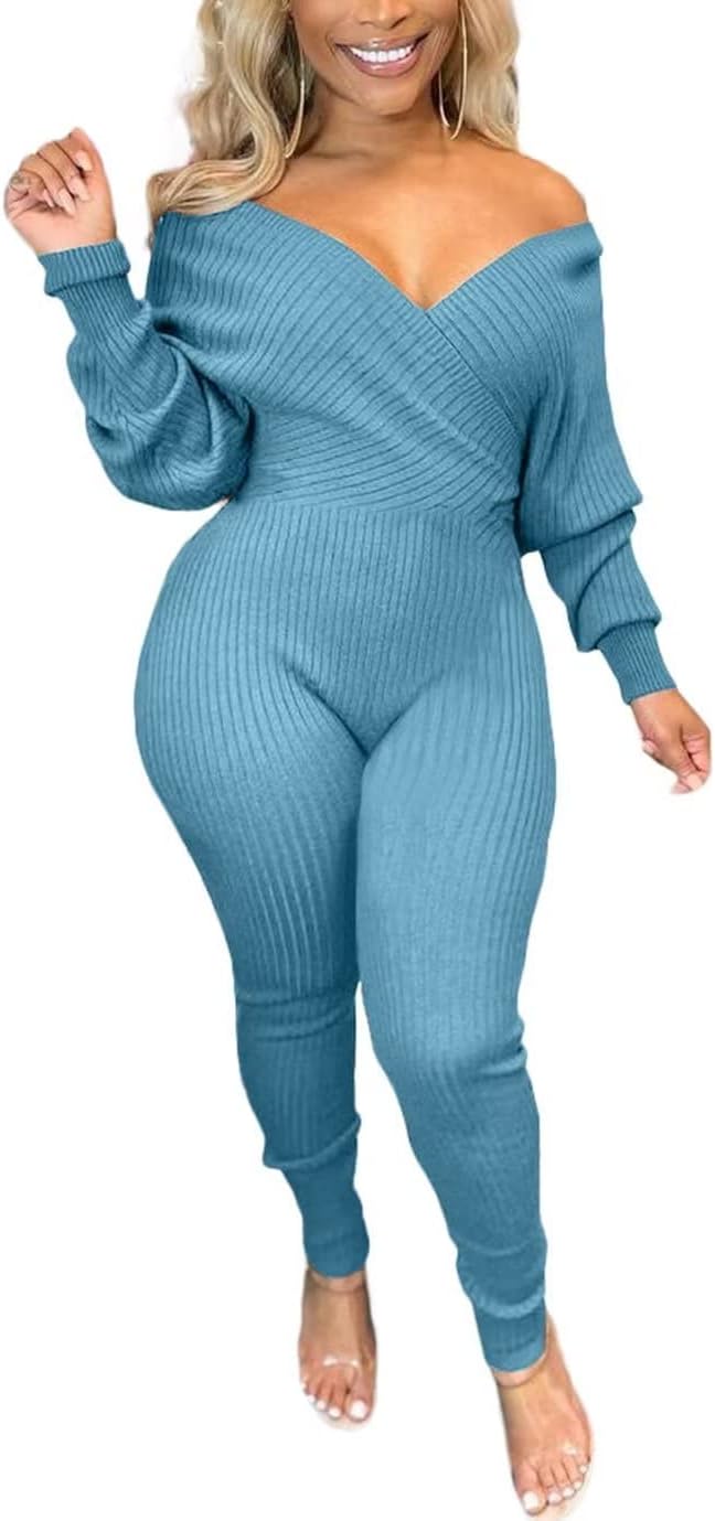 V Neck Long Sleeve Ribbed Jumpsuit