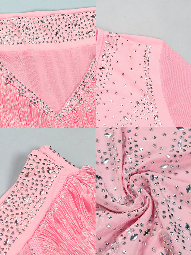 Mesh Long Sleeve Rhinestone Top Tassel Skirts