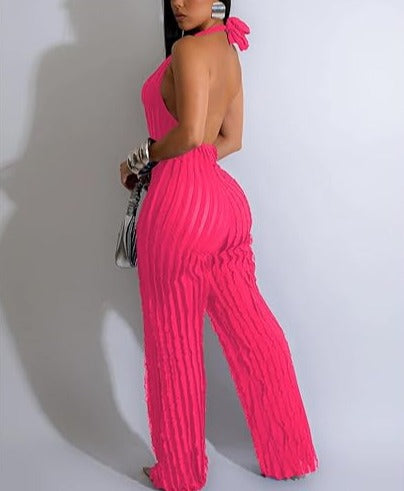 V Neck Pleated Halter Wide Leg Jumpsuit