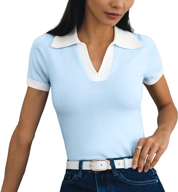 Short Sleeve V Neck Collared Colorblock Top