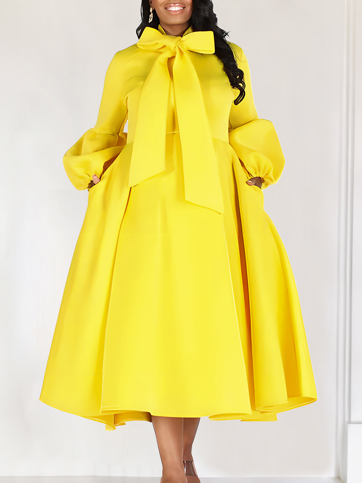 Puff Sleeve Bow-Tie Neck Flared Midi Dress