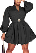 Puffy Long Sleeve Button Down Shirt Dress