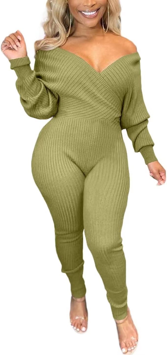 V Neck Long Sleeve Ribbed Jumpsuit