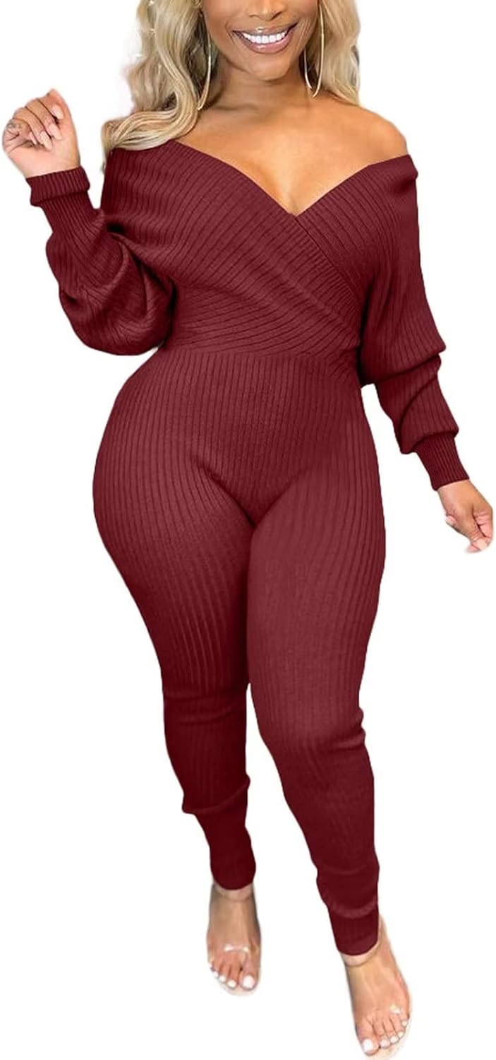 V Neck Long Sleeve Ribbed Jumpsuit
