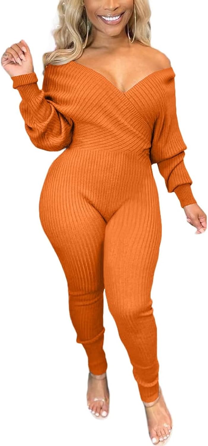 V Neck Long Sleeve Ribbed Jumpsuit