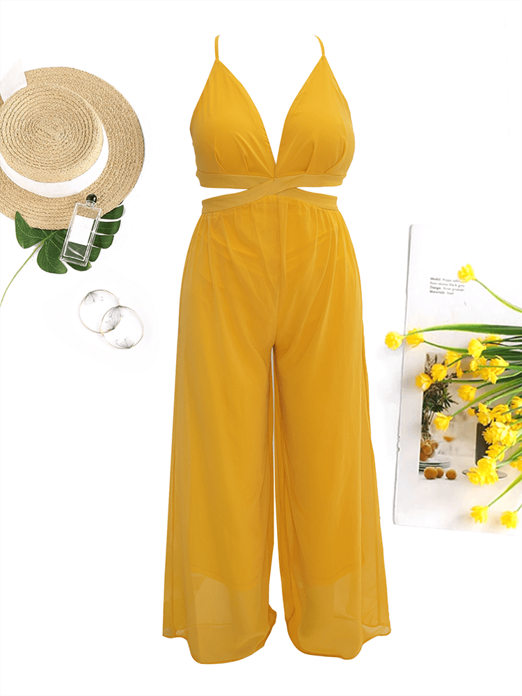 Spaghetti Strap Chiffon Backless Wide Leg Jumpsuit