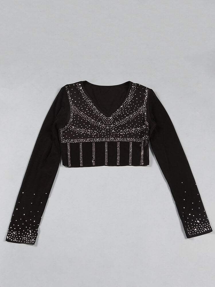 Mesh Long Sleeve Rhinestone Top Tassel Skirts