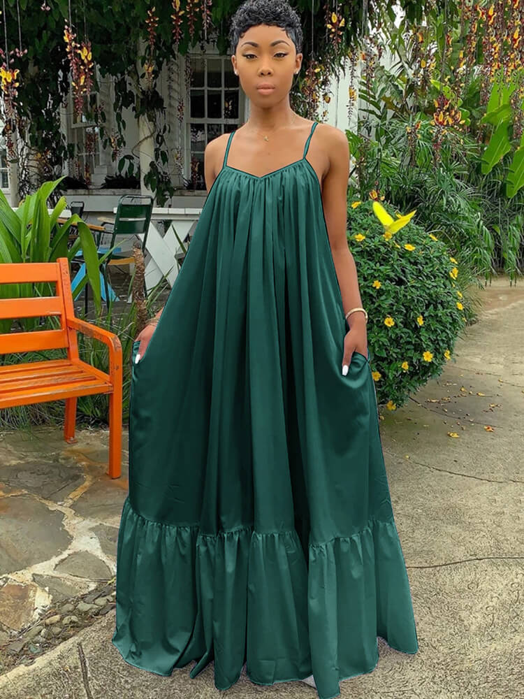 Plus Size Spaghetti Strap Ruffle Beach Maxi Swing Dress