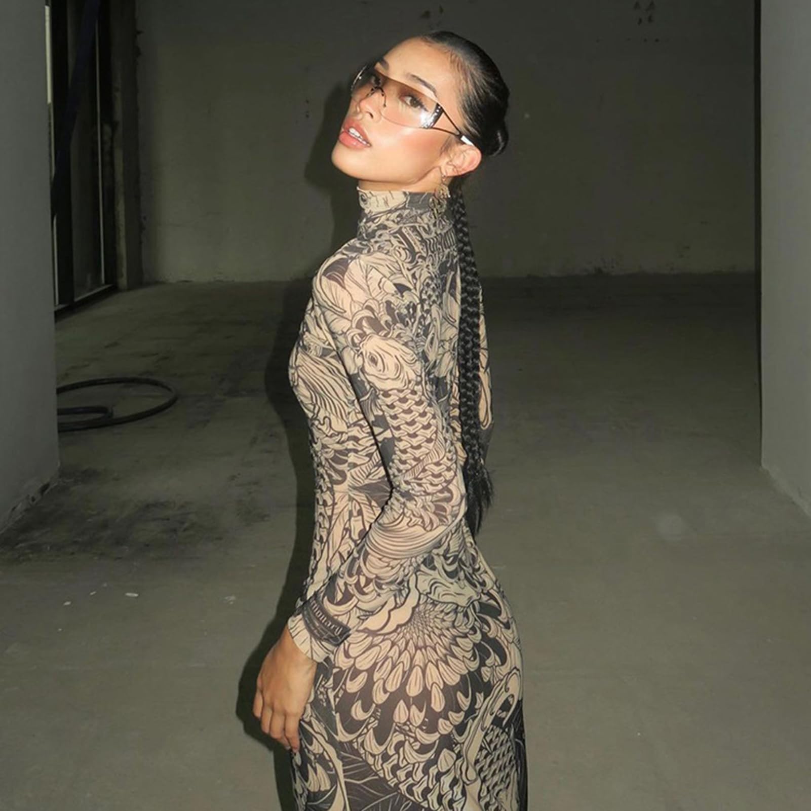 Mock Neck Mesh Print Maxi Dress