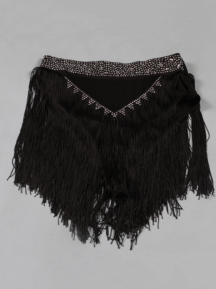 Mesh Long Sleeve Rhinestone Top Tassel Skirts