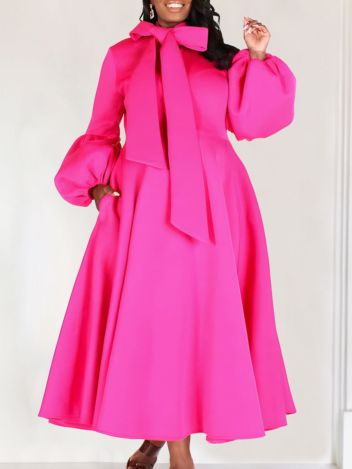 Puff Sleeve Bow-Tie Neck Flared Midi Dress