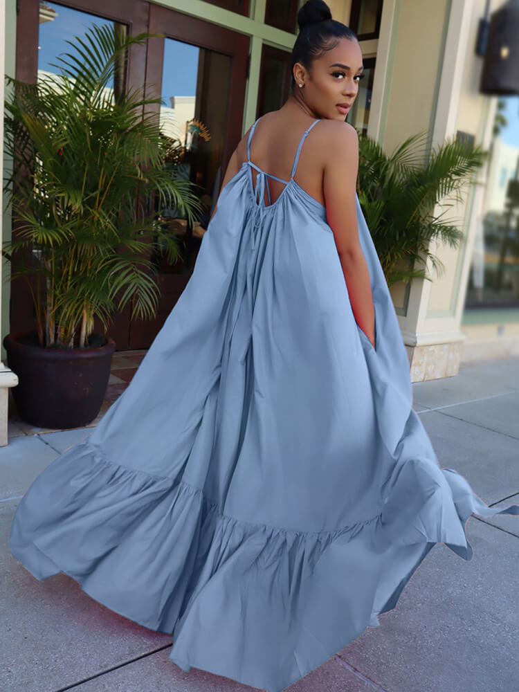 Plus Size Spaghetti Strap Ruffle Beach Maxi Swing Dress