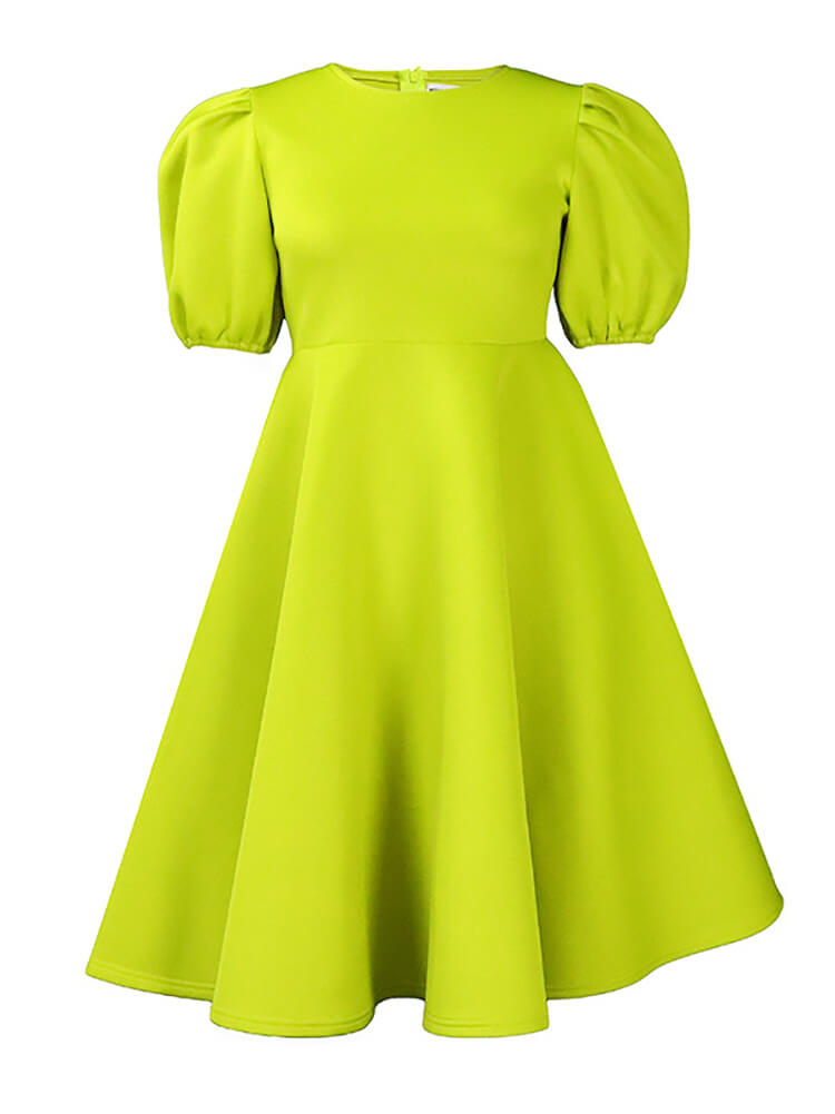 Puff Sleeve Solid Ruched Bodycon Midi Dress