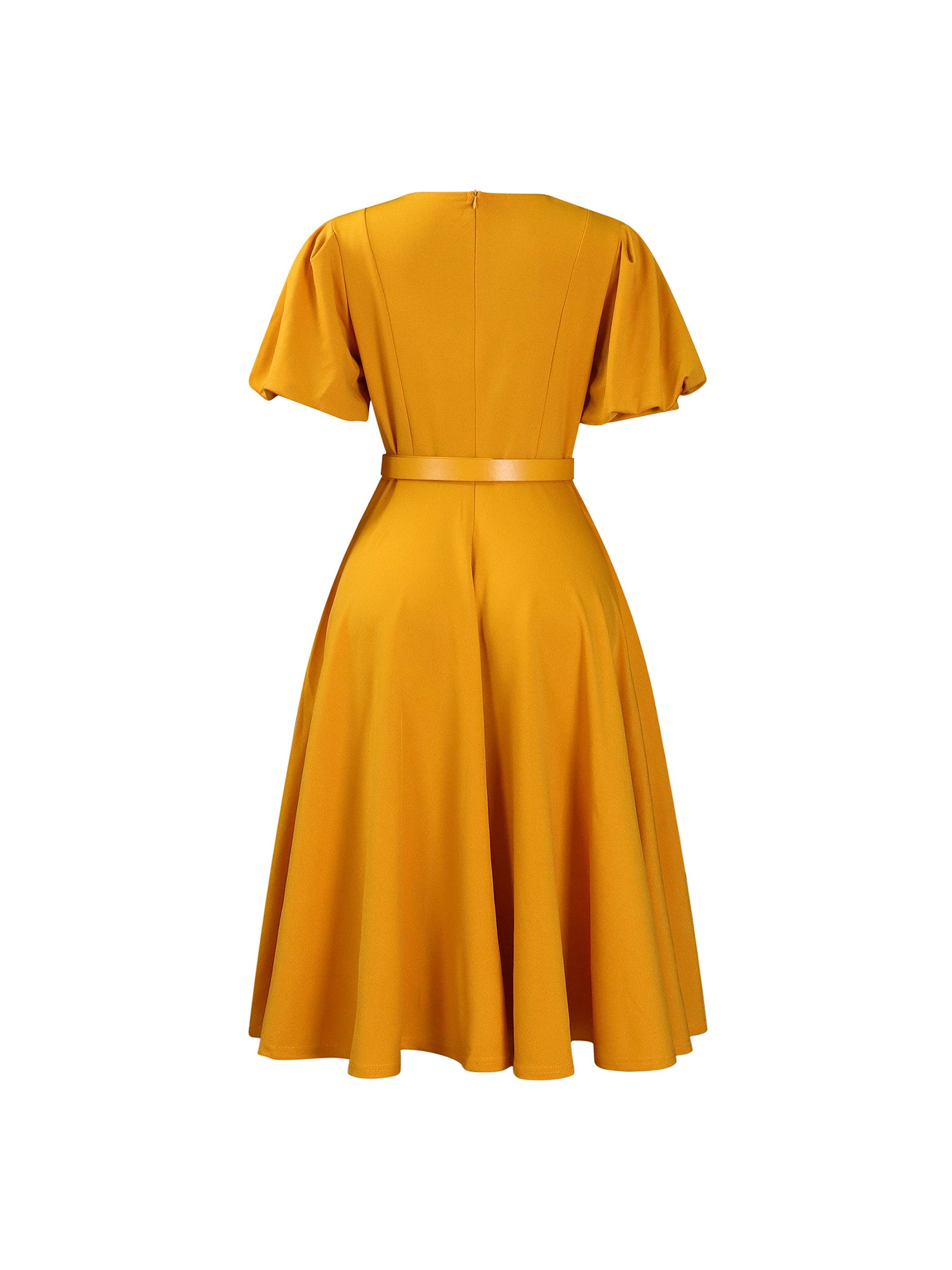 Puff Sleeve Belted A-Line Midi Dress