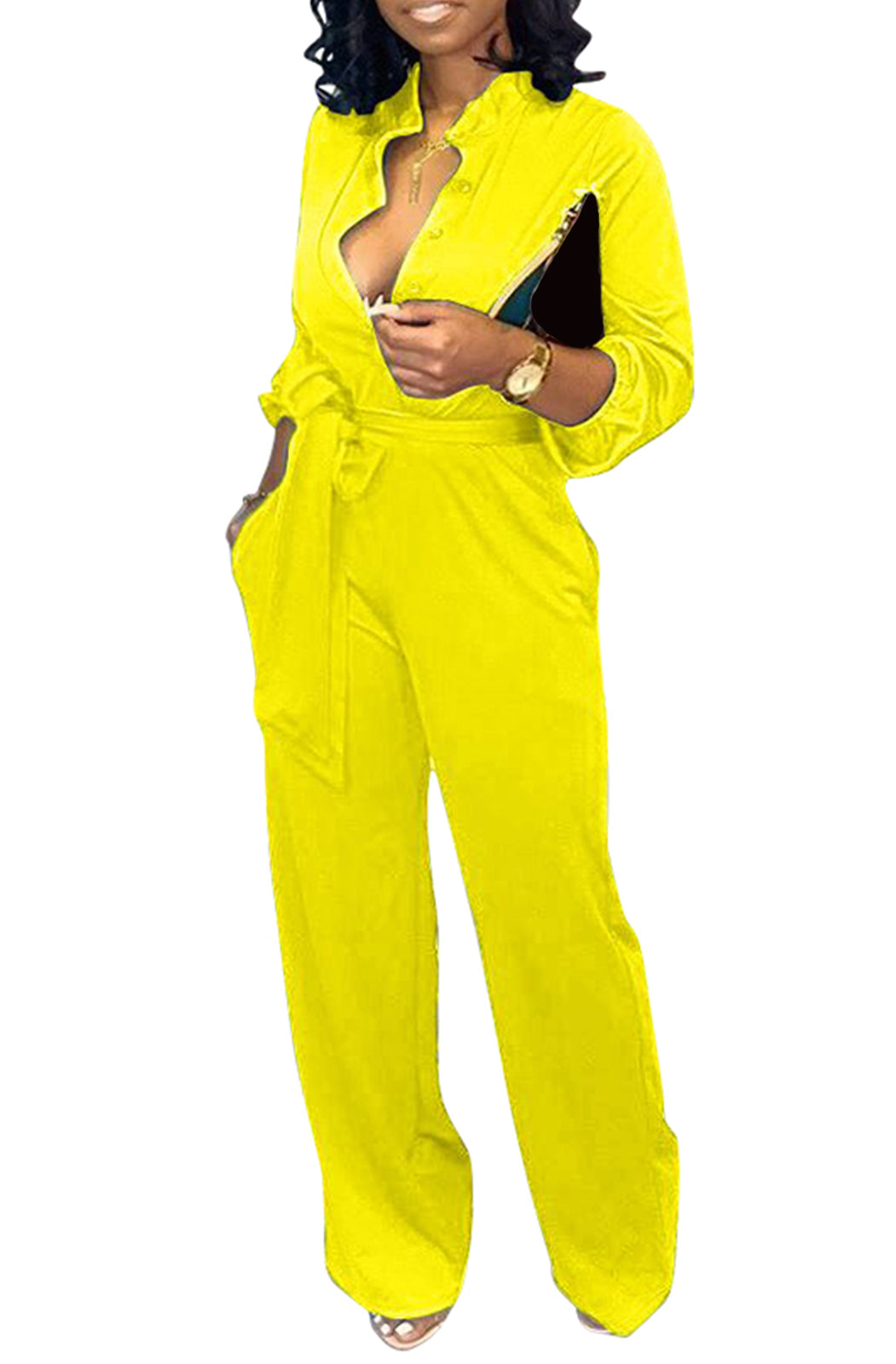 Long Sleeve Button Wide Leg Jumpsuit