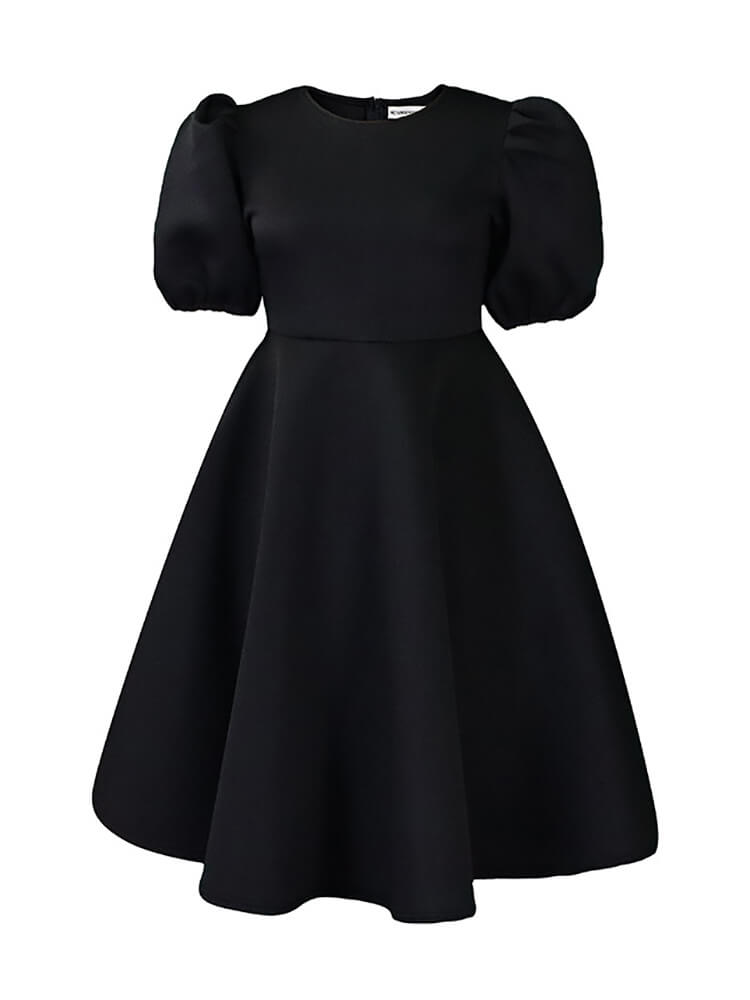 Puff Sleeve Solid Ruched Bodycon Midi Dress