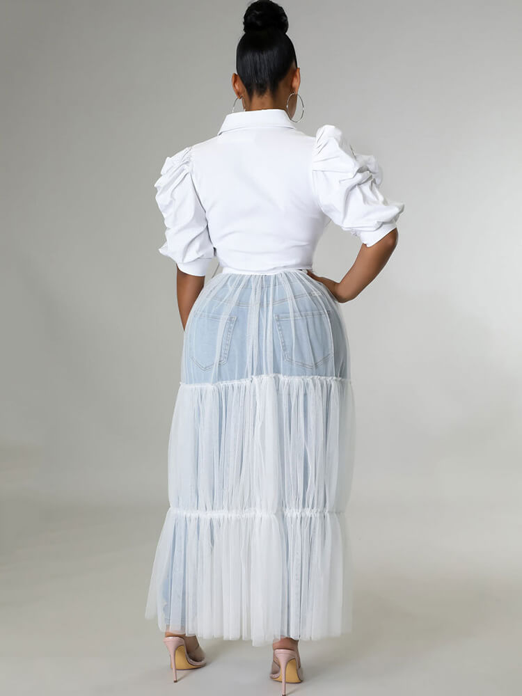 Mesh Patchwork Short Sleeve V Neck Top