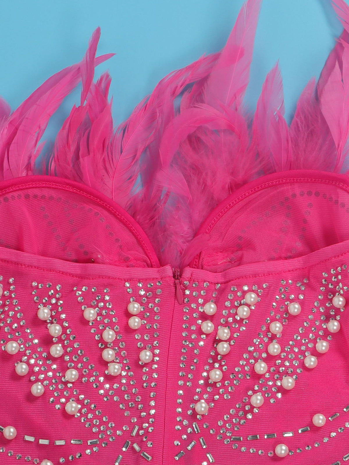 Feather Rhinestone Strapless Mini Dress