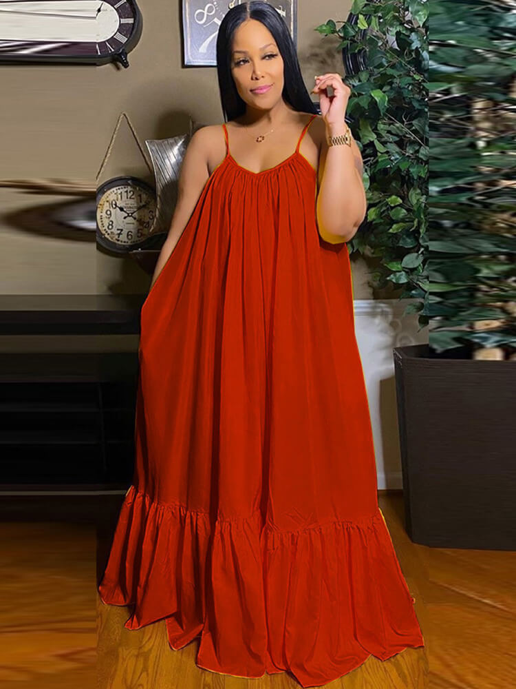 Plus Size Spaghetti Strap Ruffle Beach Maxi Swing Dress