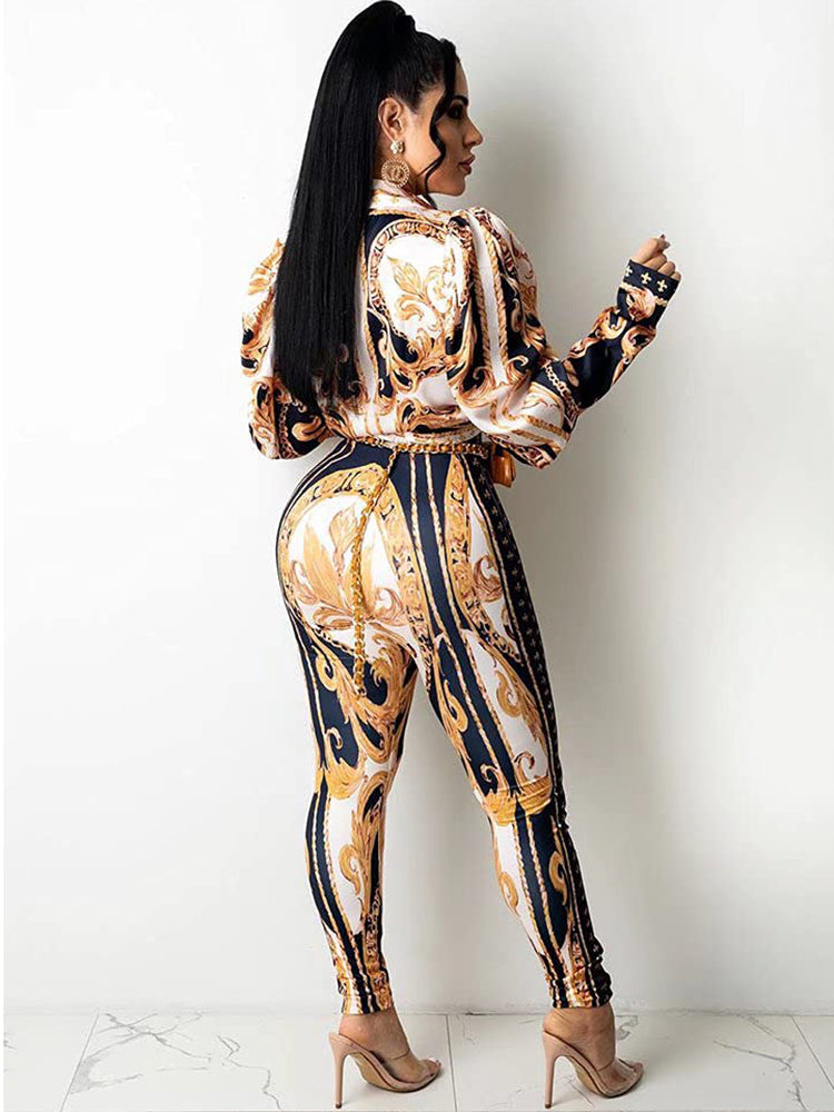 Long Sleeve Printed Top Bodycon Pants