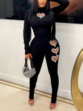Rhinestone Two-Piece Heart Hollow-Out Pants Set