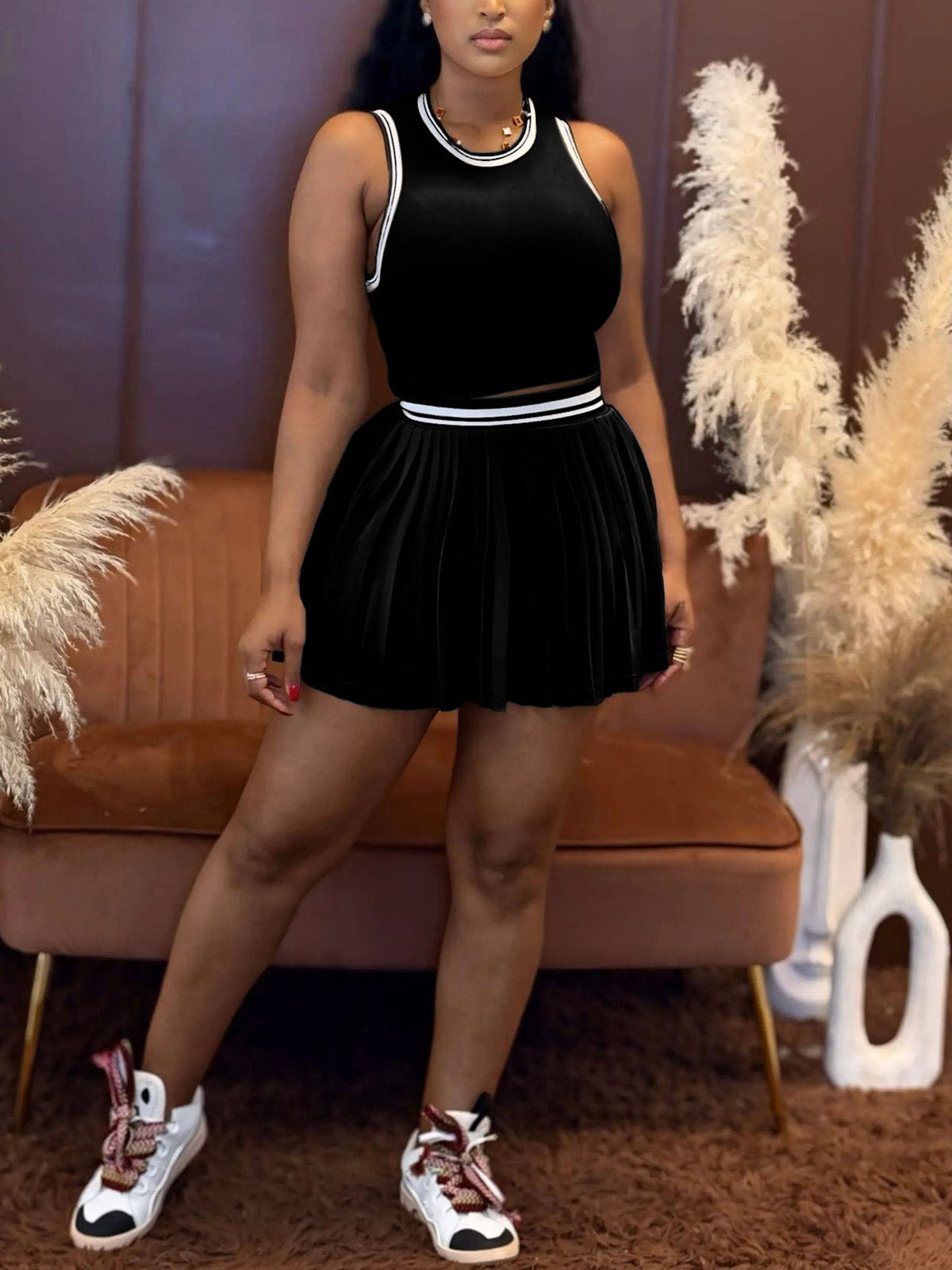 Sleeveless Crop Top Pleated Skirt Set