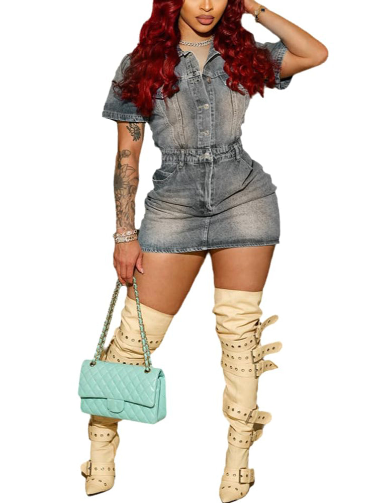 Short Sleeve Button Down Denim Mini Dress