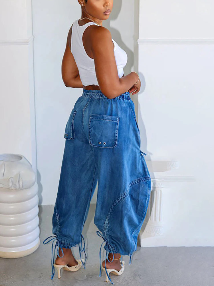Bow Tie Elastic Waist Loose Jeans