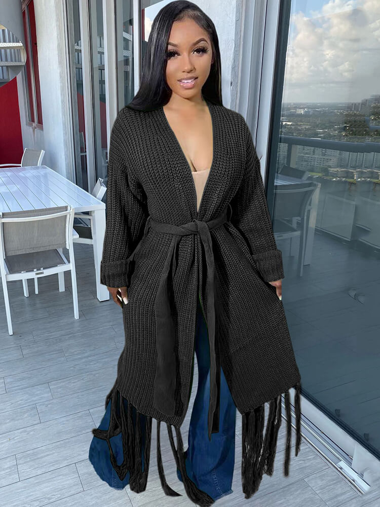 Long Sleeve Solid Color Tassel Cardigan
