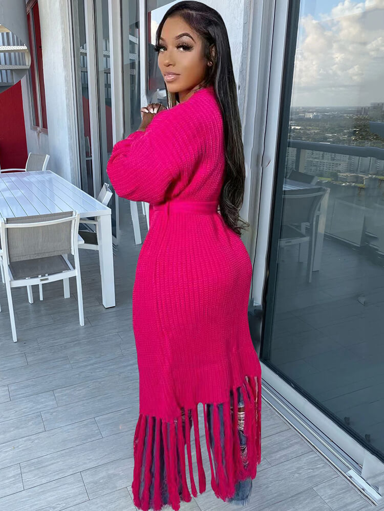Long Sleeve Solid Color Tassel Cardigan