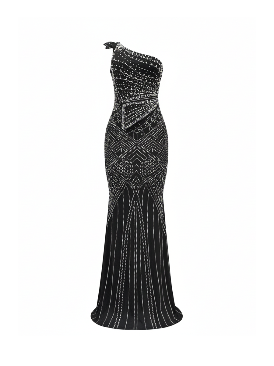Rhinestone One-Shoulder Maxi Dress