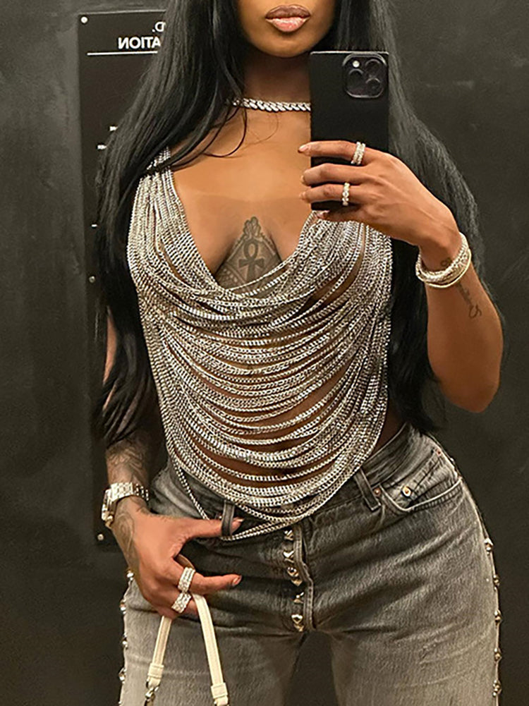 Halter Backless Metal Chain Crop Top