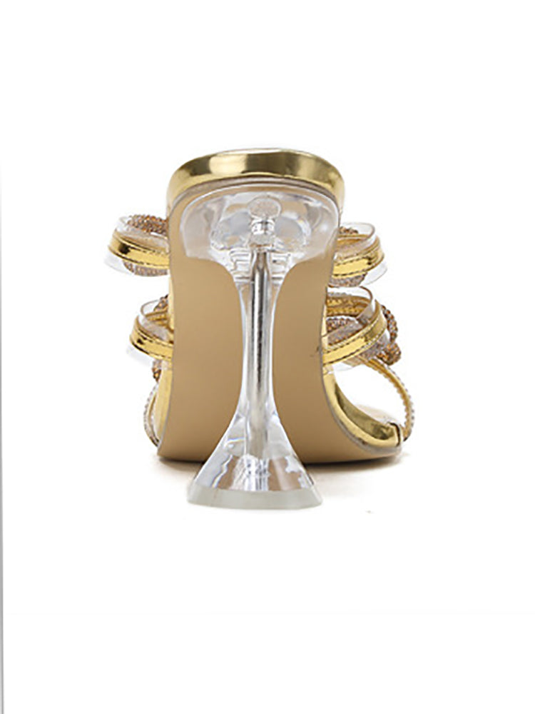 Rhinestone Bow Square Toe High Heel Slide