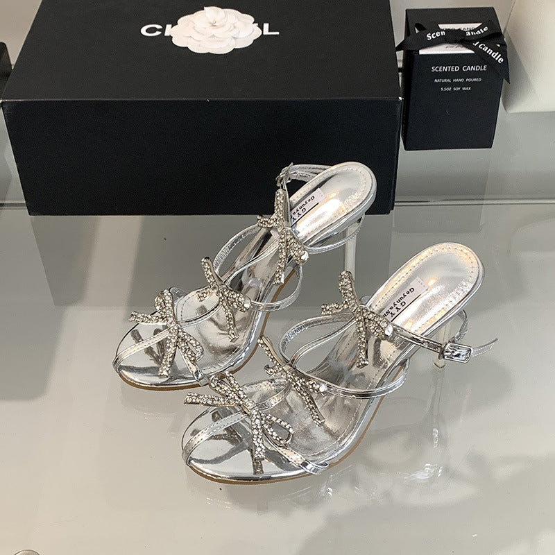 Rhinestone Bow Square Toe High Heel Slide