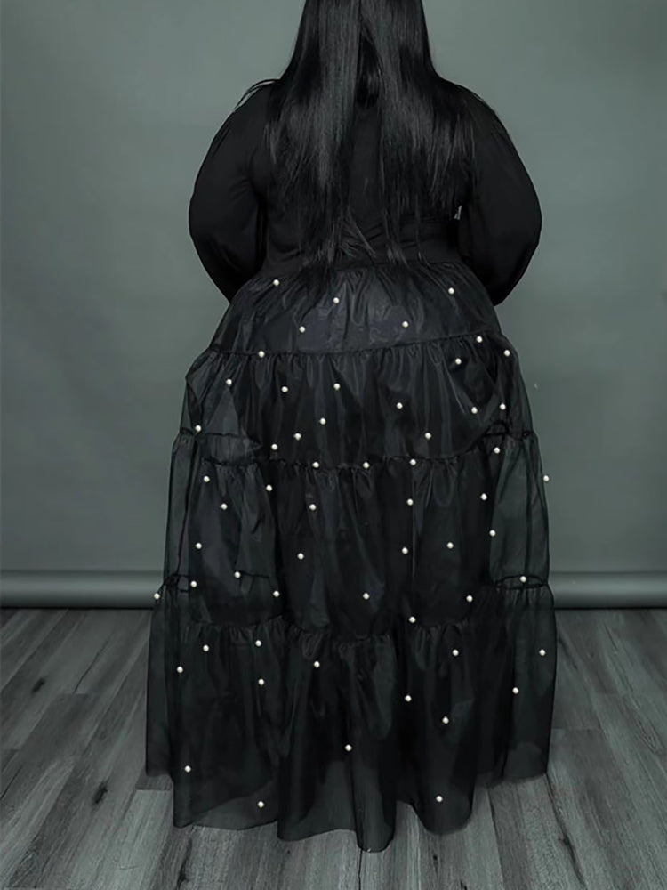 Plus Size Pearl Mesh Patchwork Top