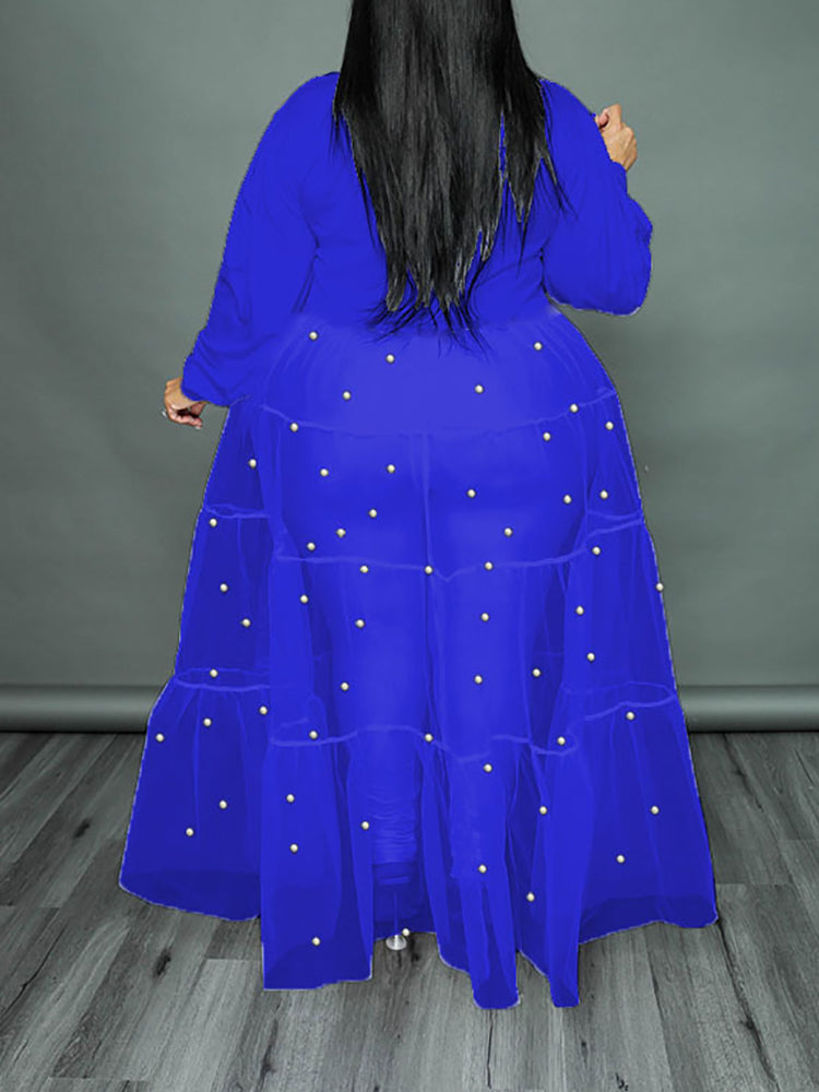 Plus Size Pearl Mesh Patchwork Top