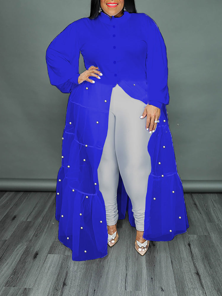 Plus Size Pearl Mesh Patchwork Top