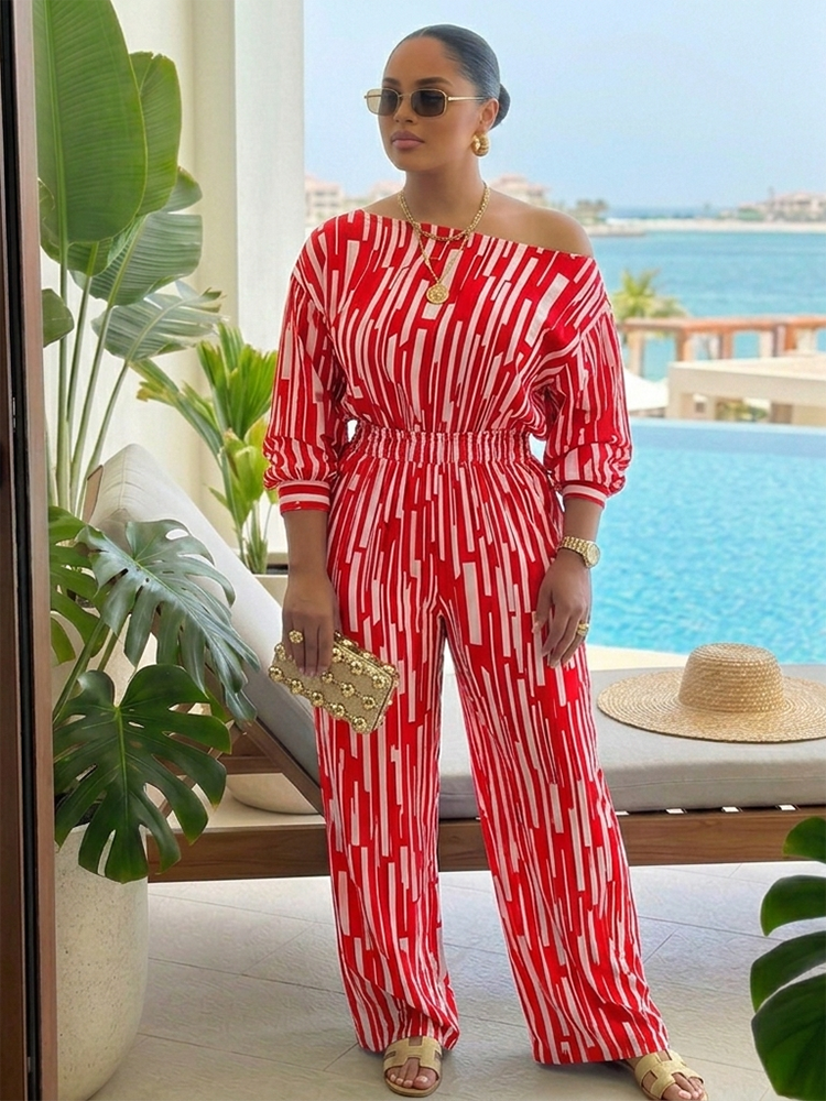 Stripe One Shoulder Plus Size Pants Set
