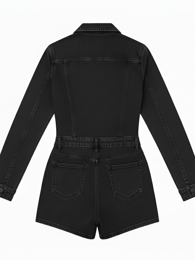 Long Sleeve Button Washed Denim Romper