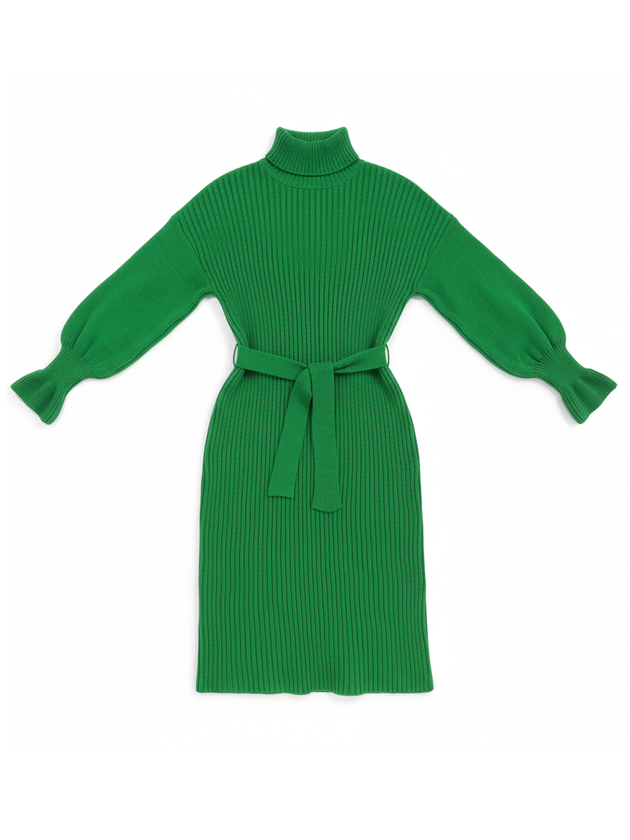 Ribbed Turtleneck Belted Knit Midi Dress