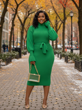 Ribbed Turtleneck Belted Knit Midi Dress